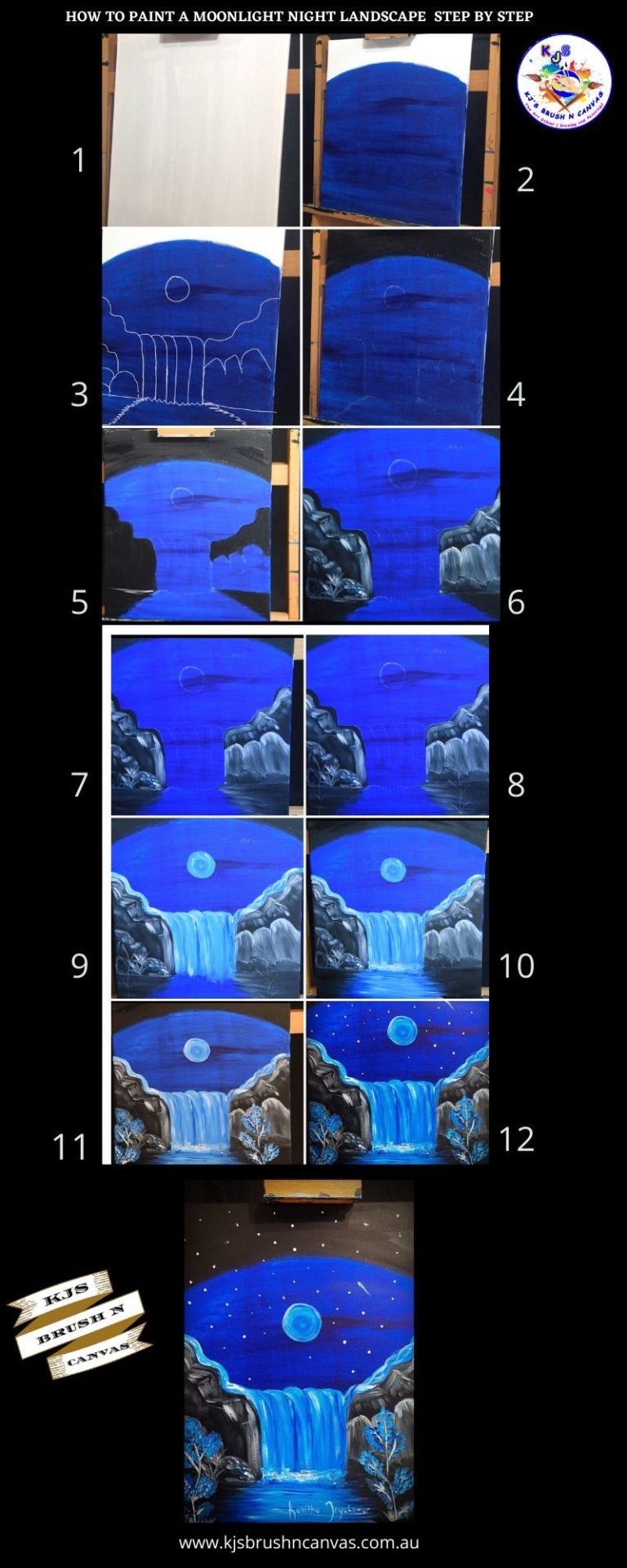 MOONLIGHT NIGHT LANDSCAPE EASY PAINTING STEP BY STEP ACRYLIC TUTORIALS